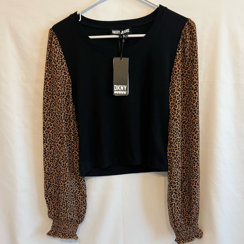 DKNY Jeans Juniors Black Knit Bodice w/ Animal Print Rayon Sleeves, Size M, NWT